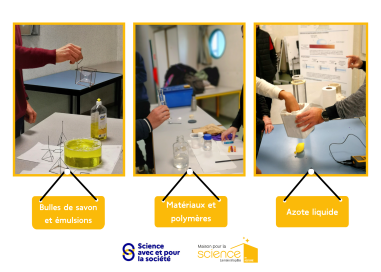 Trois photos qui montrent les trois ateliers de chimie itinérante proposés lors de l'intervention de la Maison pour la science dans les collèges et lycée.