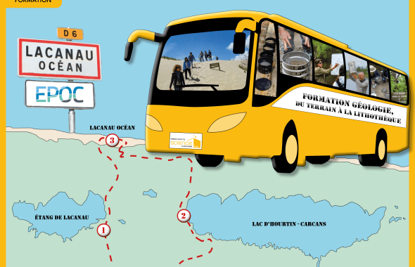 Visuel de la formation géologie. On y voit une carte qui montre l'emplacement de l'étang de Lacanau, le lac d'Hourtin-Carcans et Lacanau Océan. Un bus aux couleurs de la MPSA est collé par-dessus la carte. Chaque fenêtre du bus à été remplacée par des photographies prises pendant les journées de formation : des participants avec des tamis, sur la plage, font des prélèvements de sable. A côté du bus, un panneau de la ville Lacanau Océan à été transformé pour montrer le logo de l’unité de recherche EPOC.